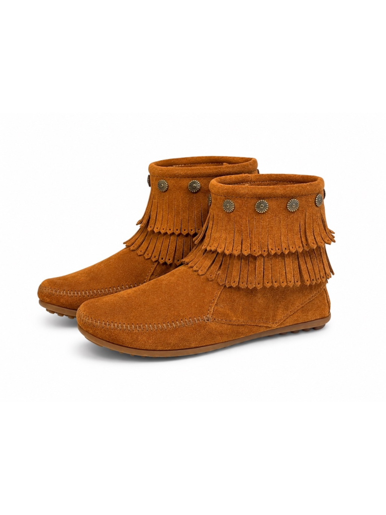 Minnetonka Women’s Double Fringe Suede Ankle Boots Brown Concho Moccasins 9.5